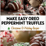 Close-up of Oreo Peppermint Truffles coated in chocolate and sprinkled with crushed mint candy.